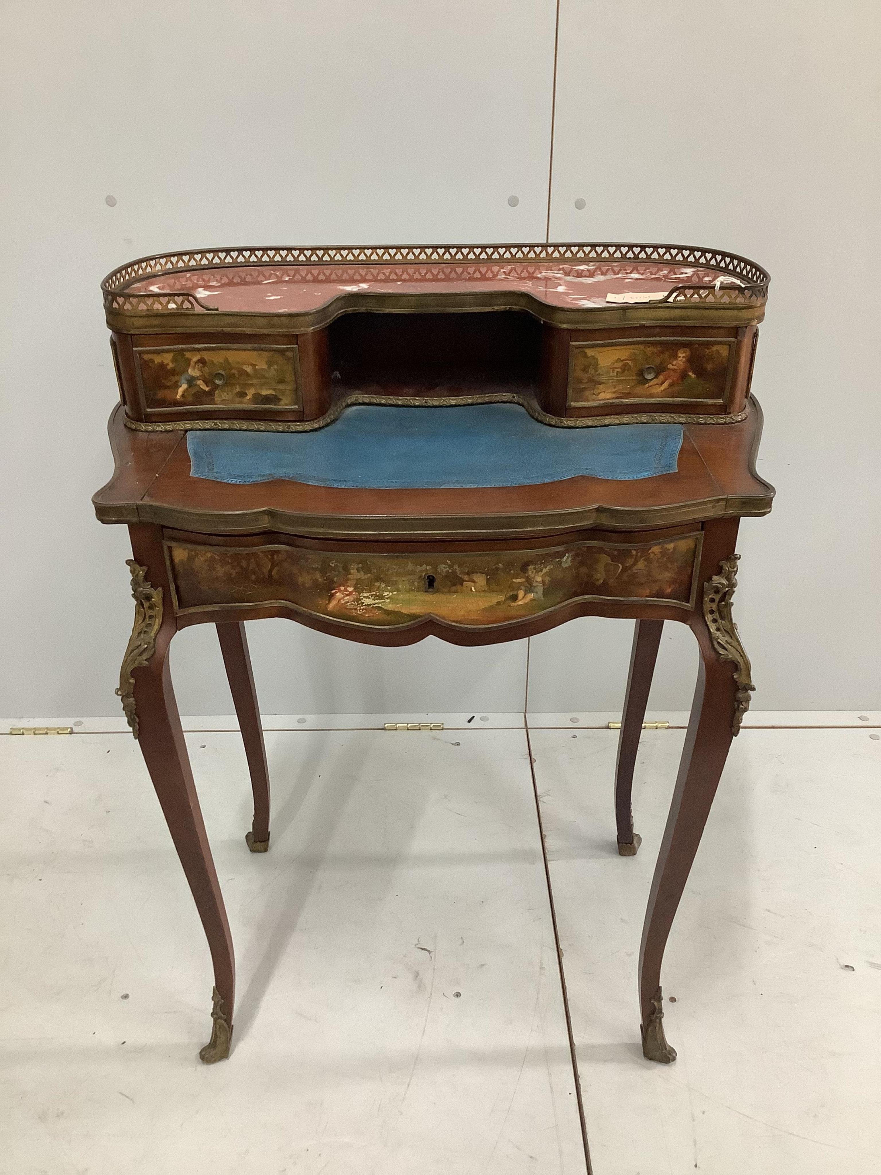 An early 20th century French marble topped Vernis Martin style mahogany bureau de dame, width 71cm, depth 47cm, height 90cm. Condition - fair